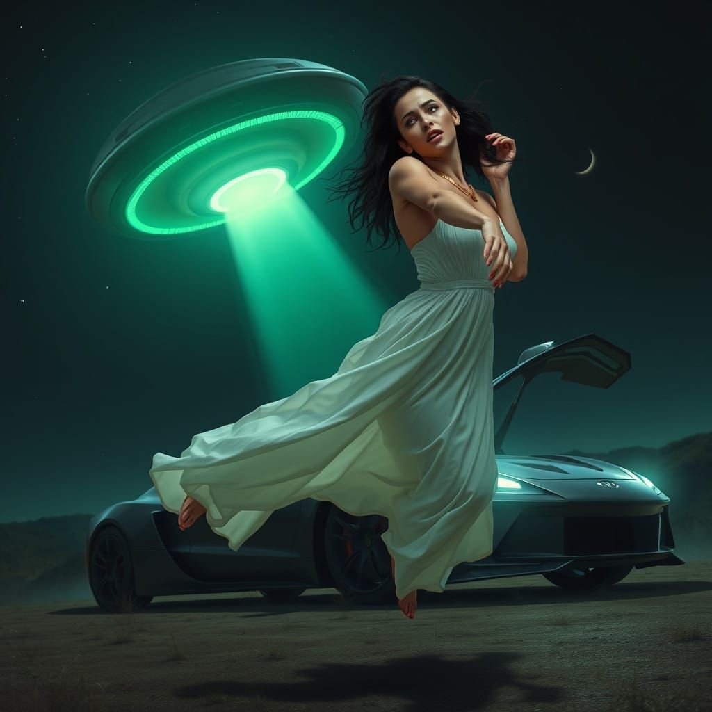 Ethereal Woman Rises in Alien Glow, Nighttime Scene