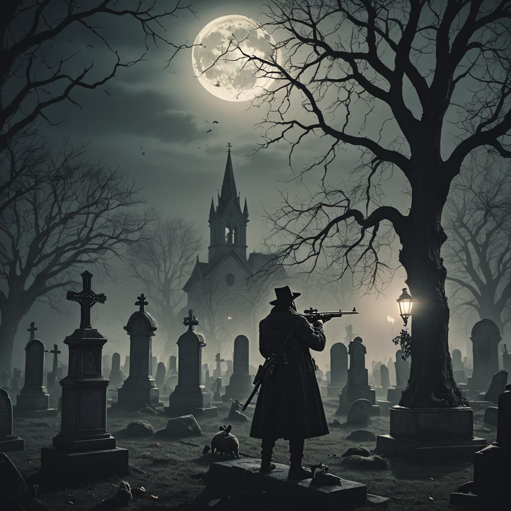 Gothic Horror Hunter in Moonlit Cemetery