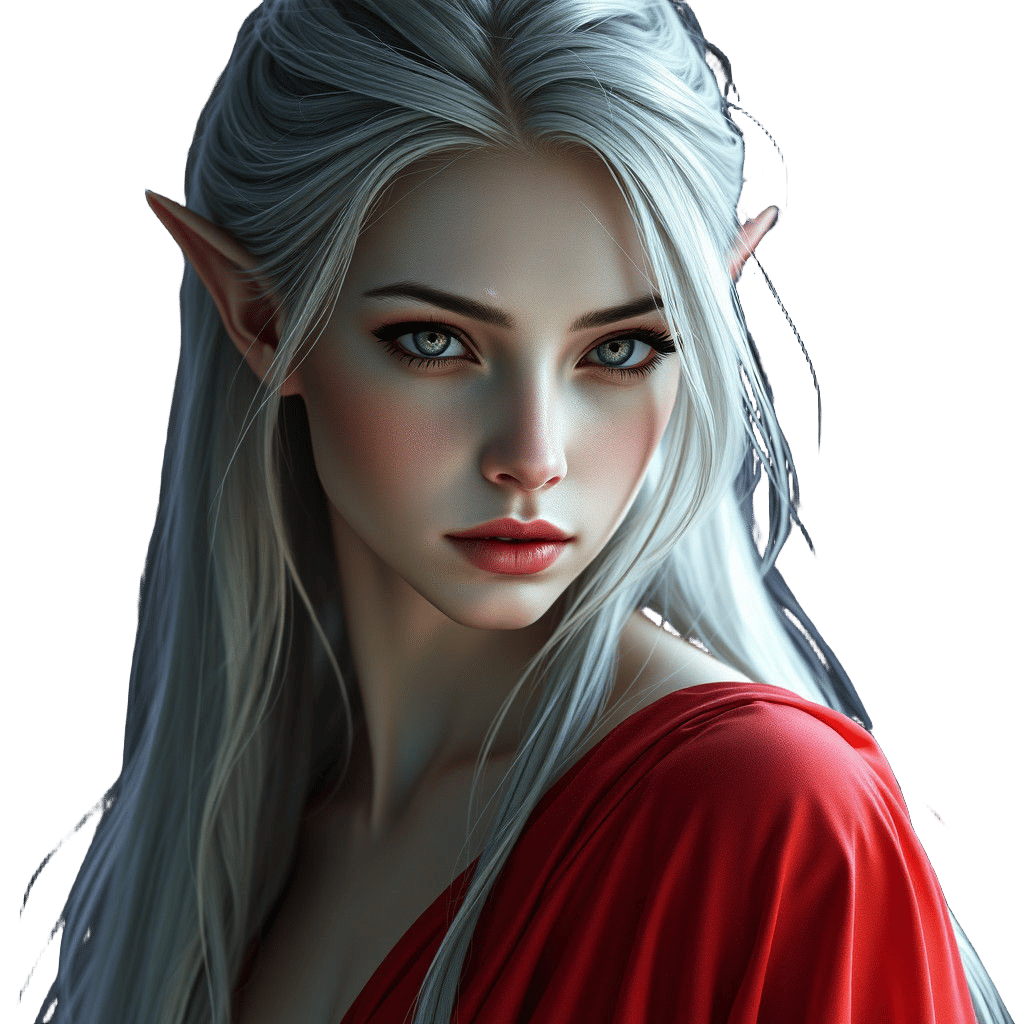 A elven young woman dressed in a loose caftan of nearly translucent red silk, her pale skin contrasts against the flowin...