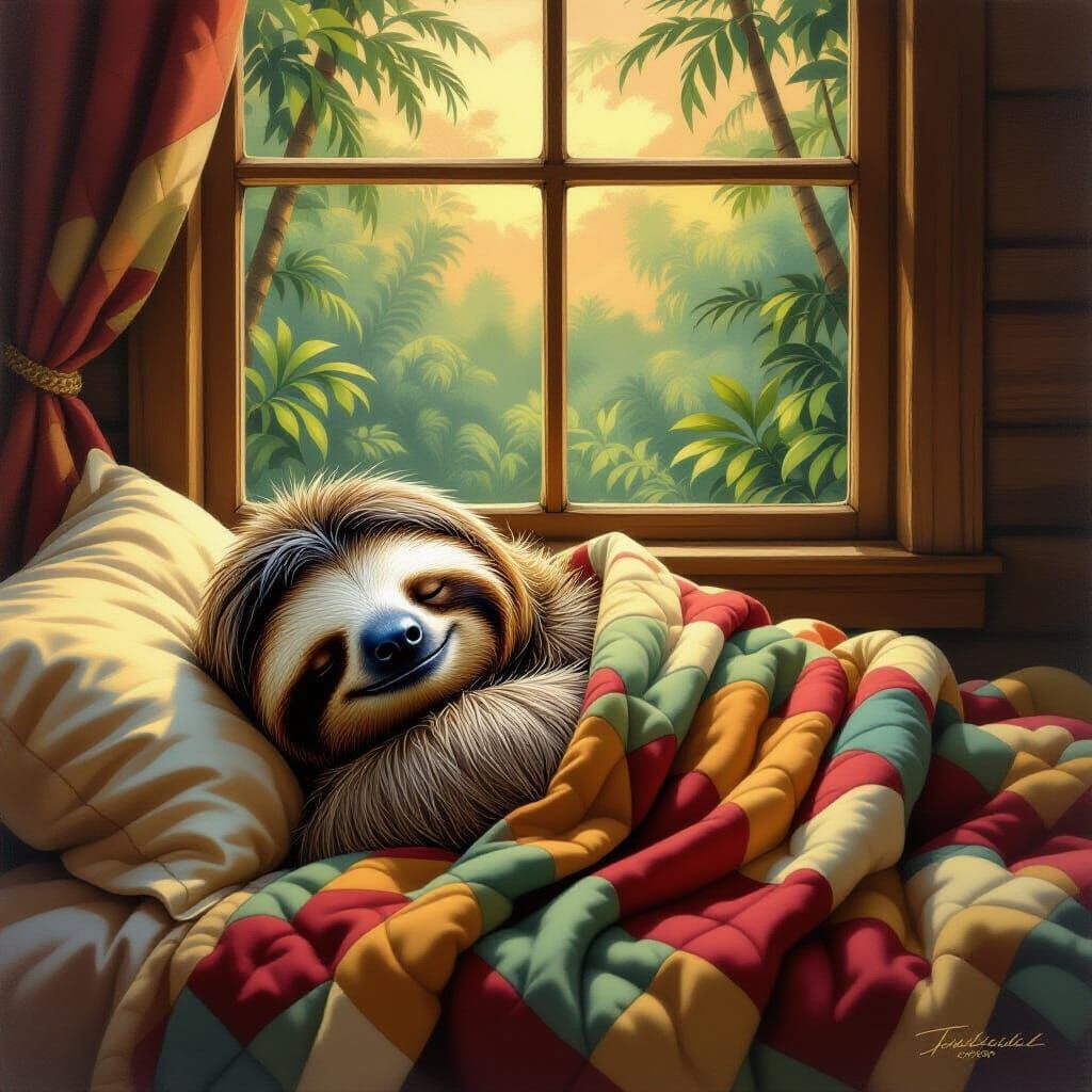 Cozy Sloth Sleeping in Bed with Jungle View