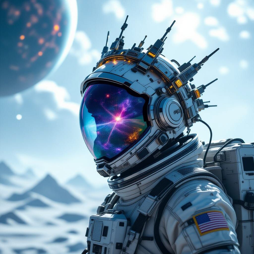 Astronaut Adrift with Crown Reflecting Alien Planet