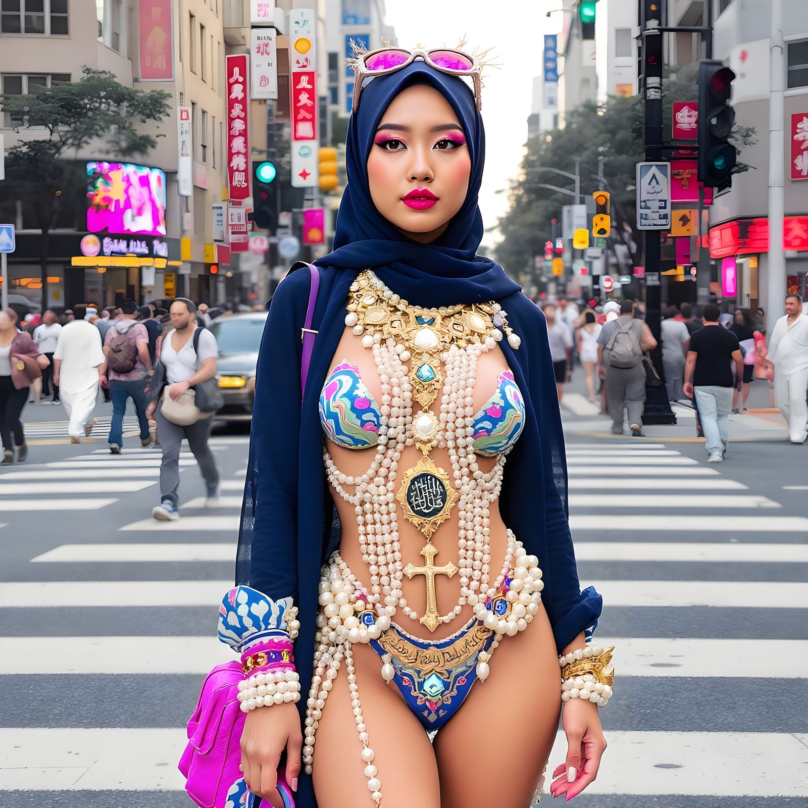 Surreal Pearl Bikini on Busy Crosswalk