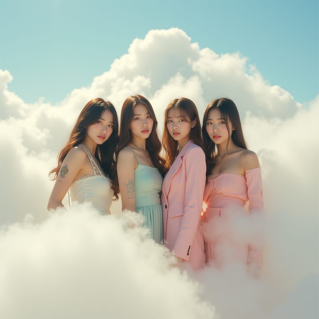 K-Pop Group in the Clouds: Cinematic Film Still