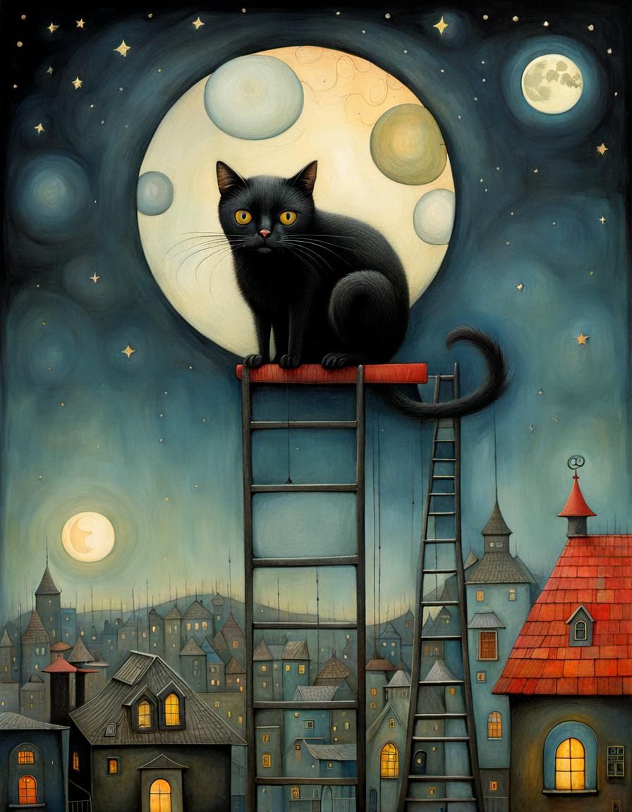 Black Cat Under Ladder in Whimsical Style