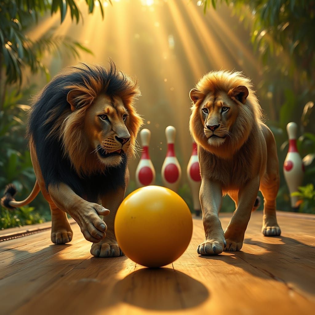 Lions Bowling in Jungle with Ethereal Figures