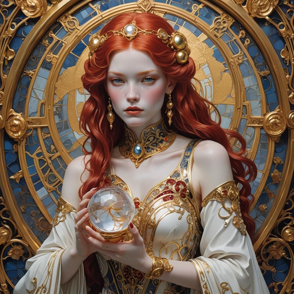 Albino Model with Glowing Orb in Art Nouveau Style