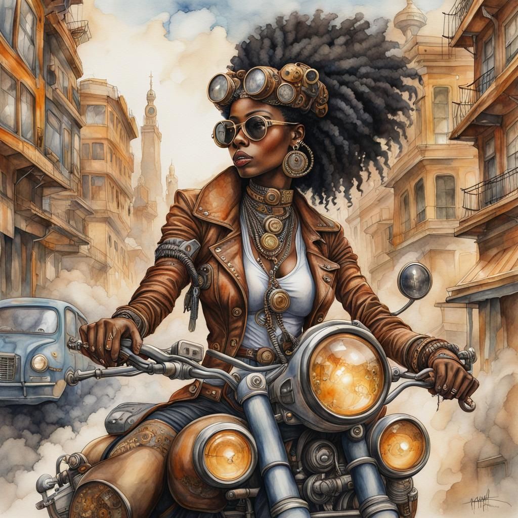 Steampunk Woman in Egyptian-Inspired Cityscape