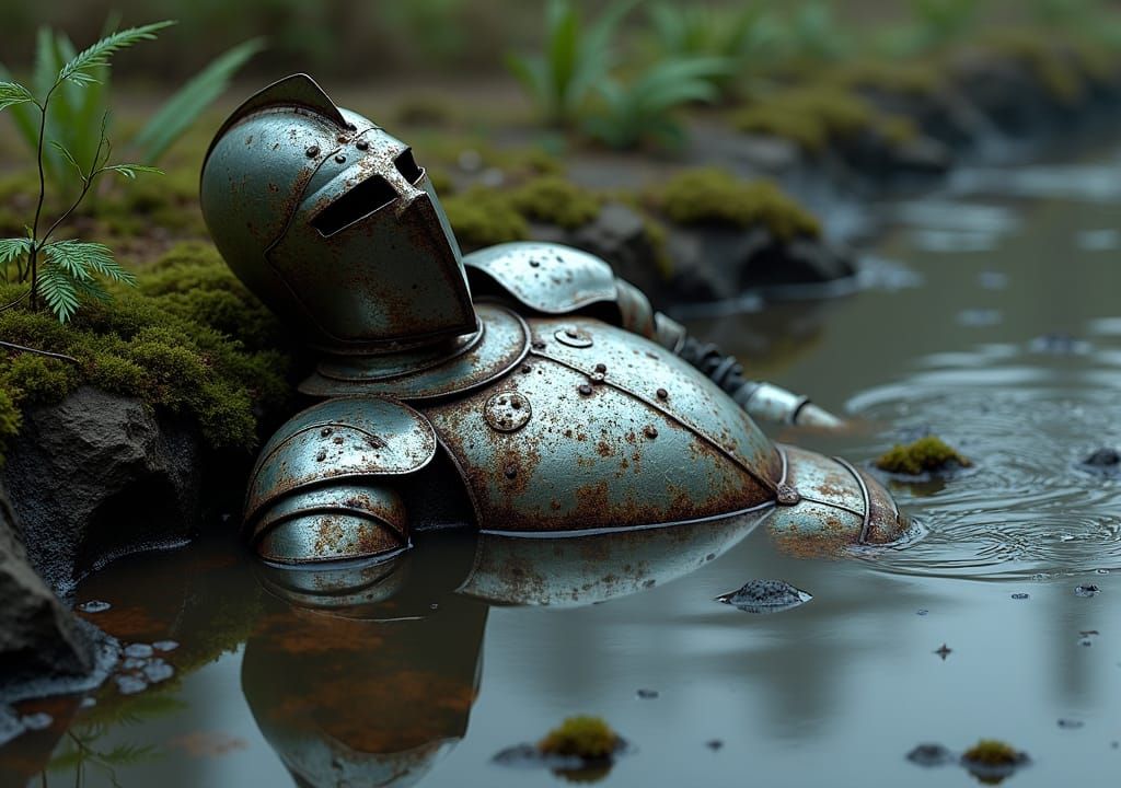 Defeated Knight in Murky Water, Hyper-realistic Style