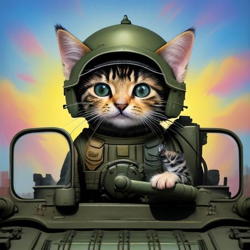 Kitten Driving a Toy Tank in Surreal Style