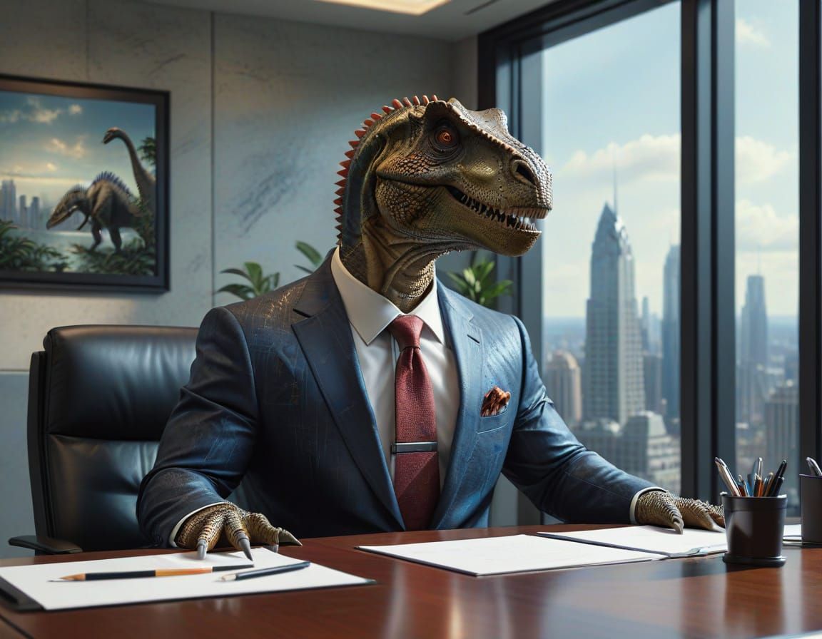 Dinosaur CEO in Hyperrealistic Office Painting