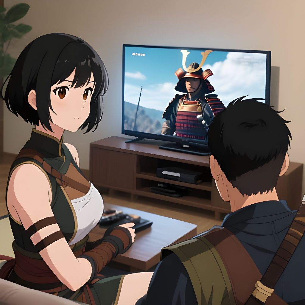 Couple Watching Samurai Movie in Anime Style