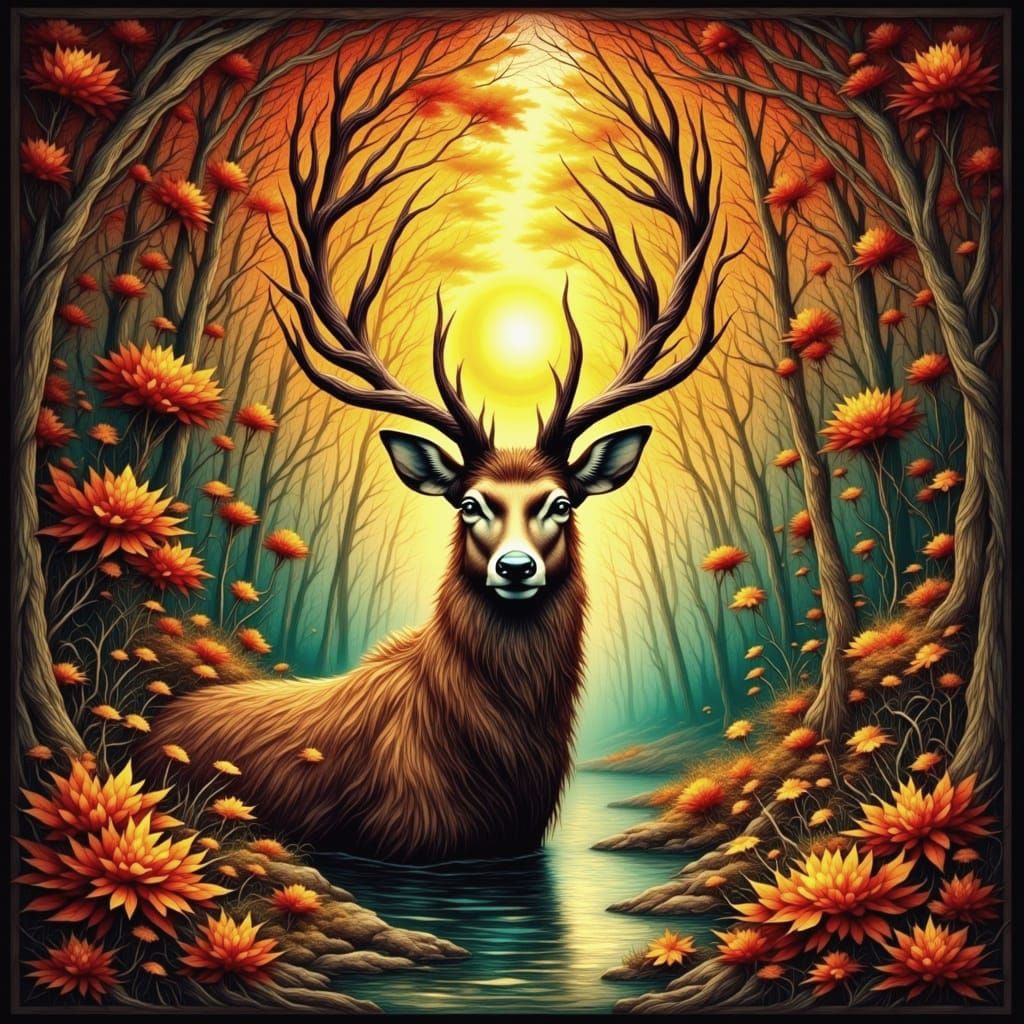 Art Nouveau Stag in Autumnal Vortex