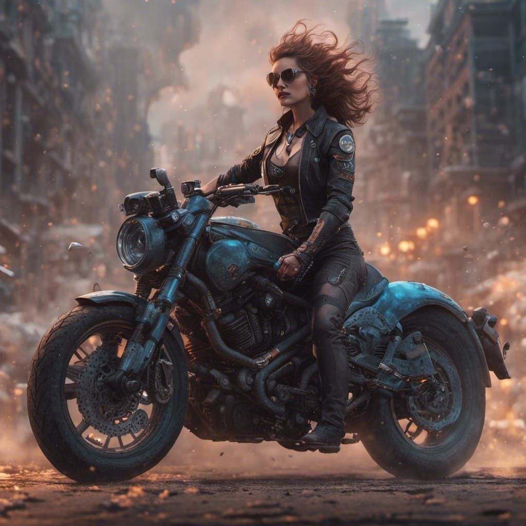 Woman on Motorcycle: Detailed Fantasy Concept Art