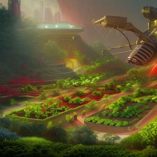 Robot Gardener on Alien Planet: Detailed Digital Art