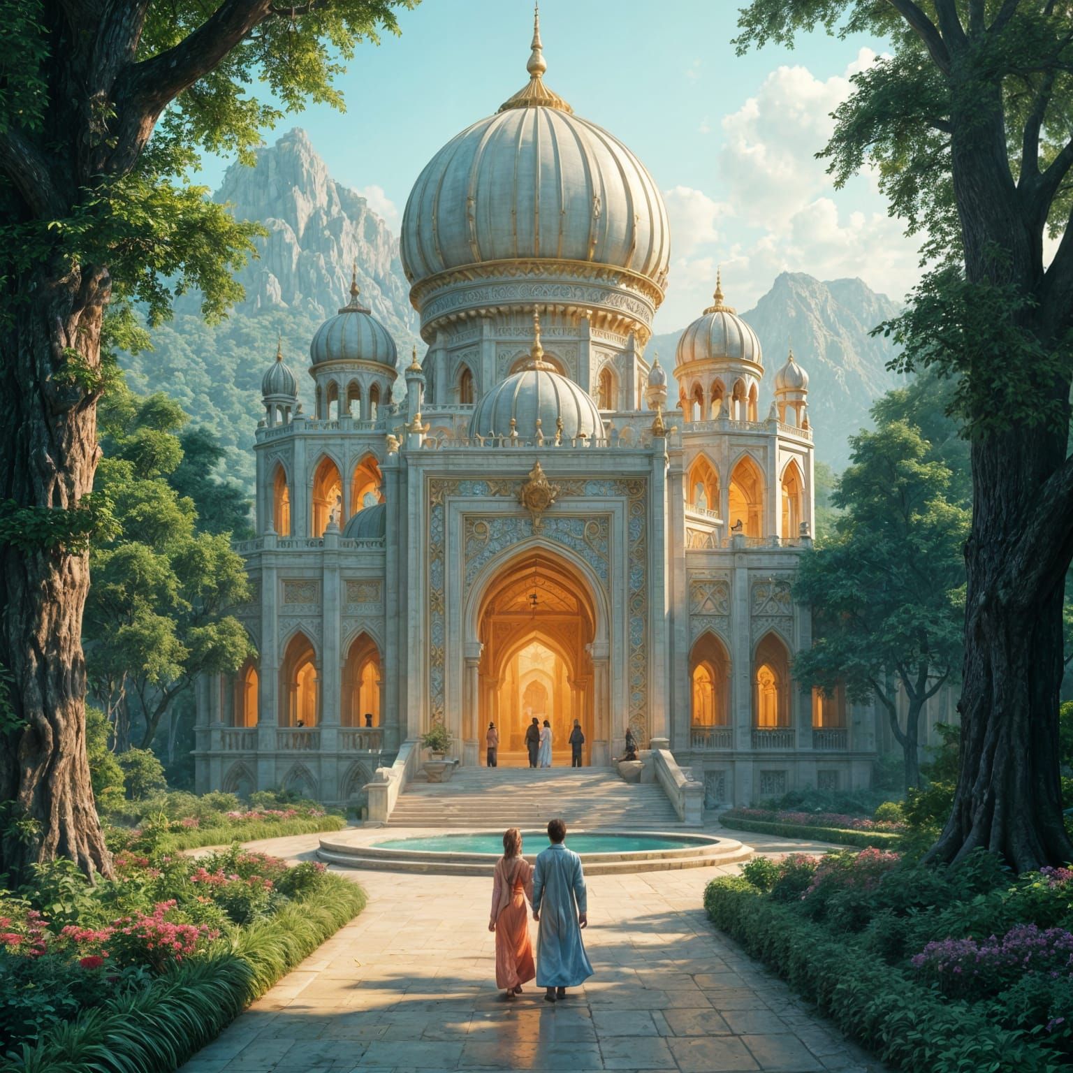 Heavenly Castle with Muslim People, Fantasy Concept Art