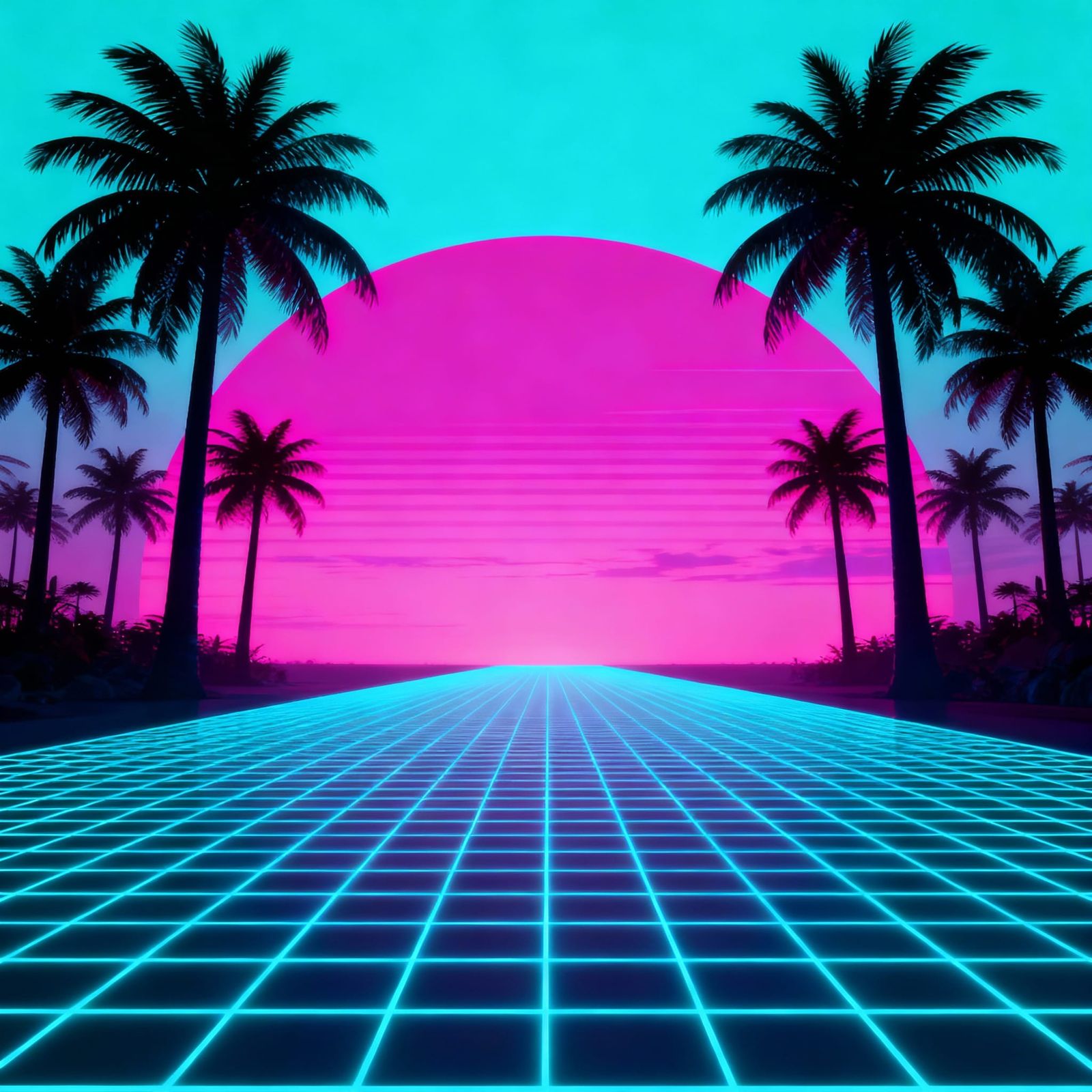 Synthwave Sunset Poster with Palm Trees and Neon Sky