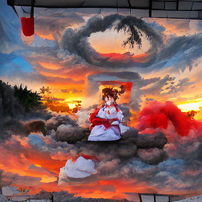 Anime Shrine Maiden Silhouetted at Sunset