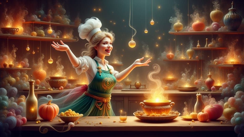 Magical Kitchen Scene with Chef and Enchanted Utensils