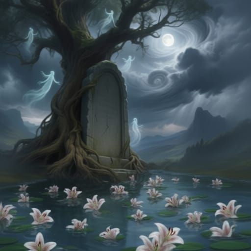 Solemn Tombstone Emerges From Pool of Lilies