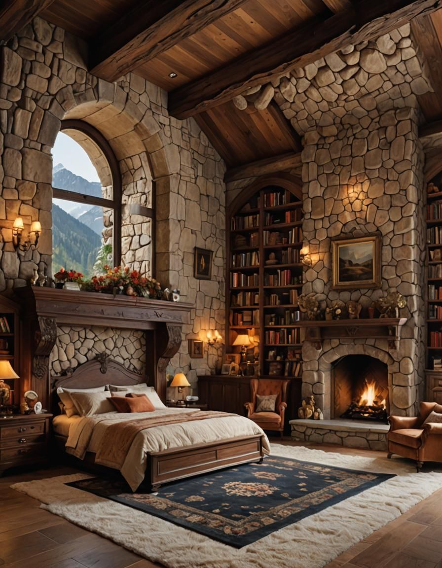 Luxurious Fantasy Royal Bedroom in Mountainside Setting