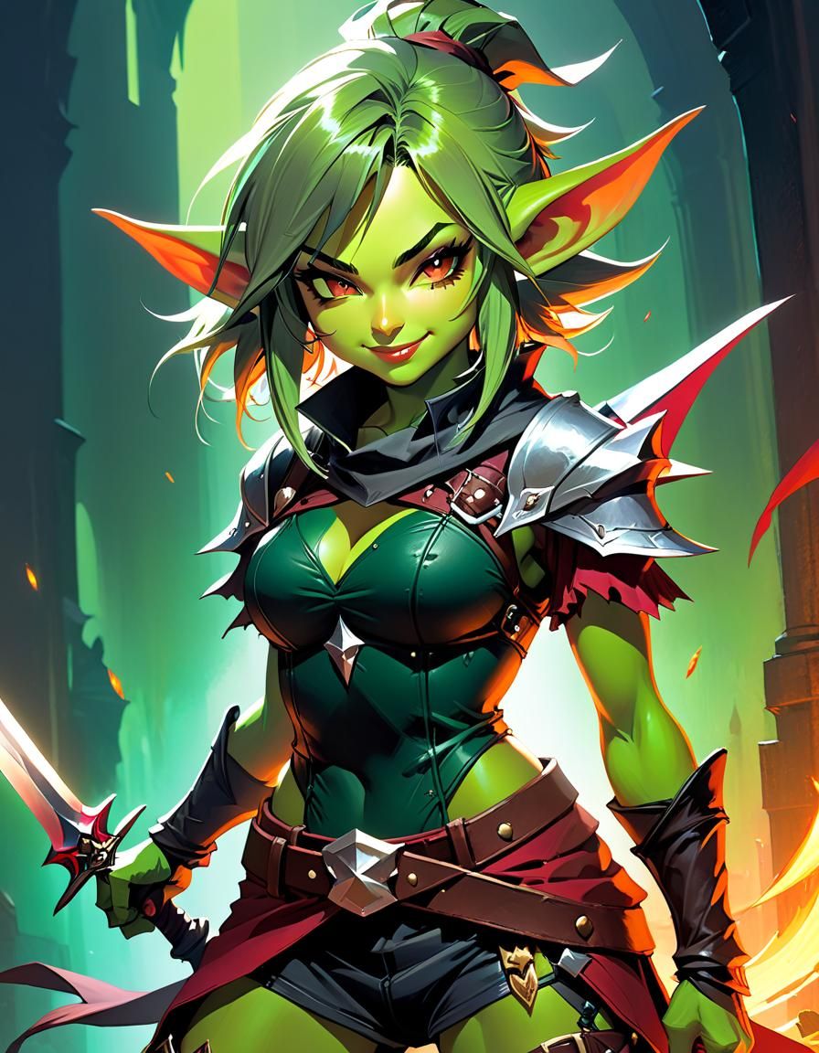 Alluring Goblin Rogue with Dagger, Cel-Shaded Art