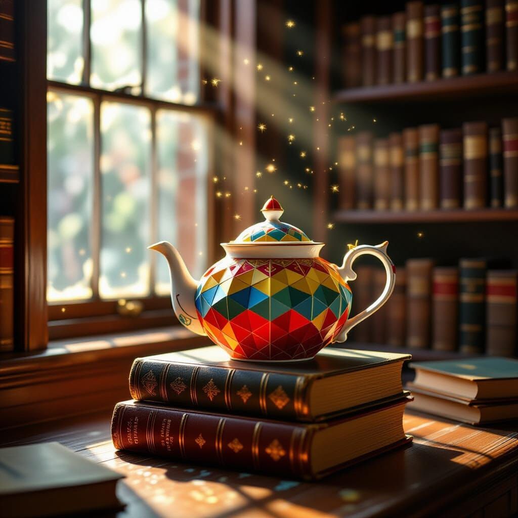 Whimsical Paper Teapot on Antique Books in Dusty Library