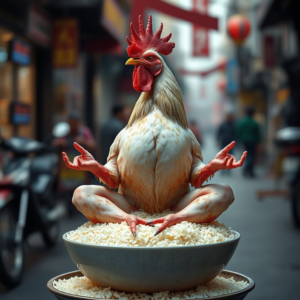 Featherless Rooster Meditating on Rice Bowl