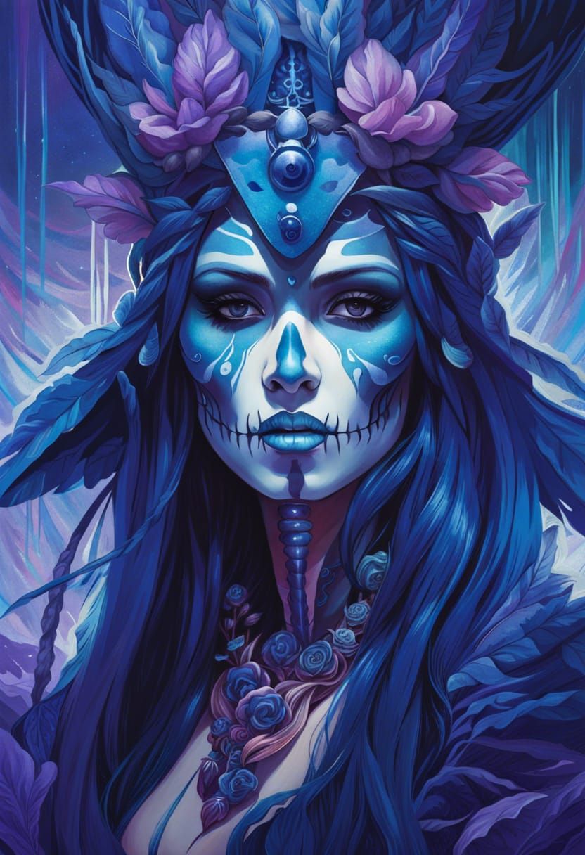 Indigo Anime Skeleton Shaman Portrait in Scarlet Hues