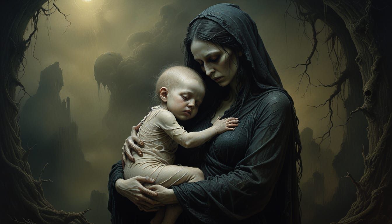 Surreal Mother Cradles Grotesque Infant in Oil Painting