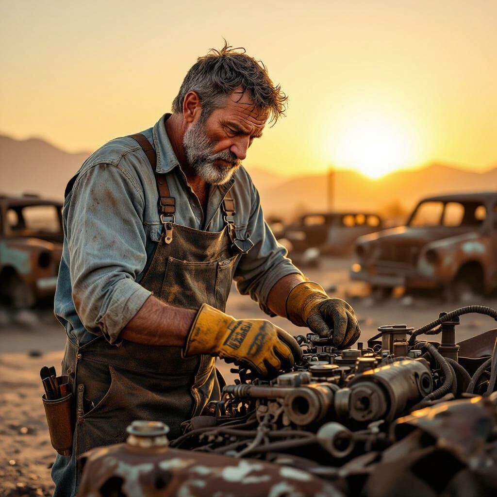 Mechanic Tinkering in Desert Junkyard, Dystopian Style