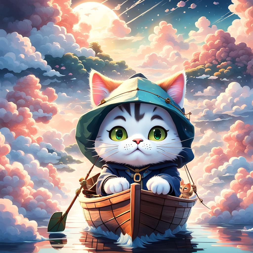 Chibi Cat Fisherman in Surreal Cloudscape