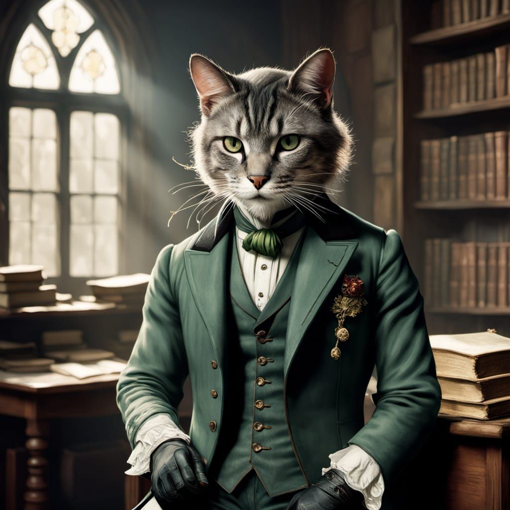 Victorian Cat in Dusty Library as Rackham Illustration
