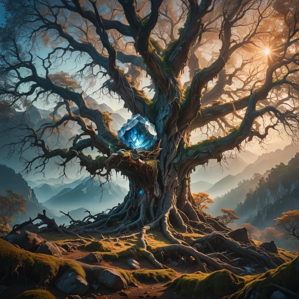 Glowing Crystal in Ancient Fantasy Landscape