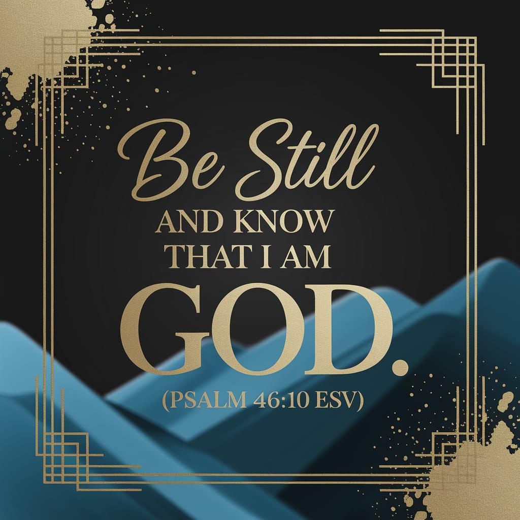 Golden Cursive Script of Psalm 46:10 on Antiqued Background