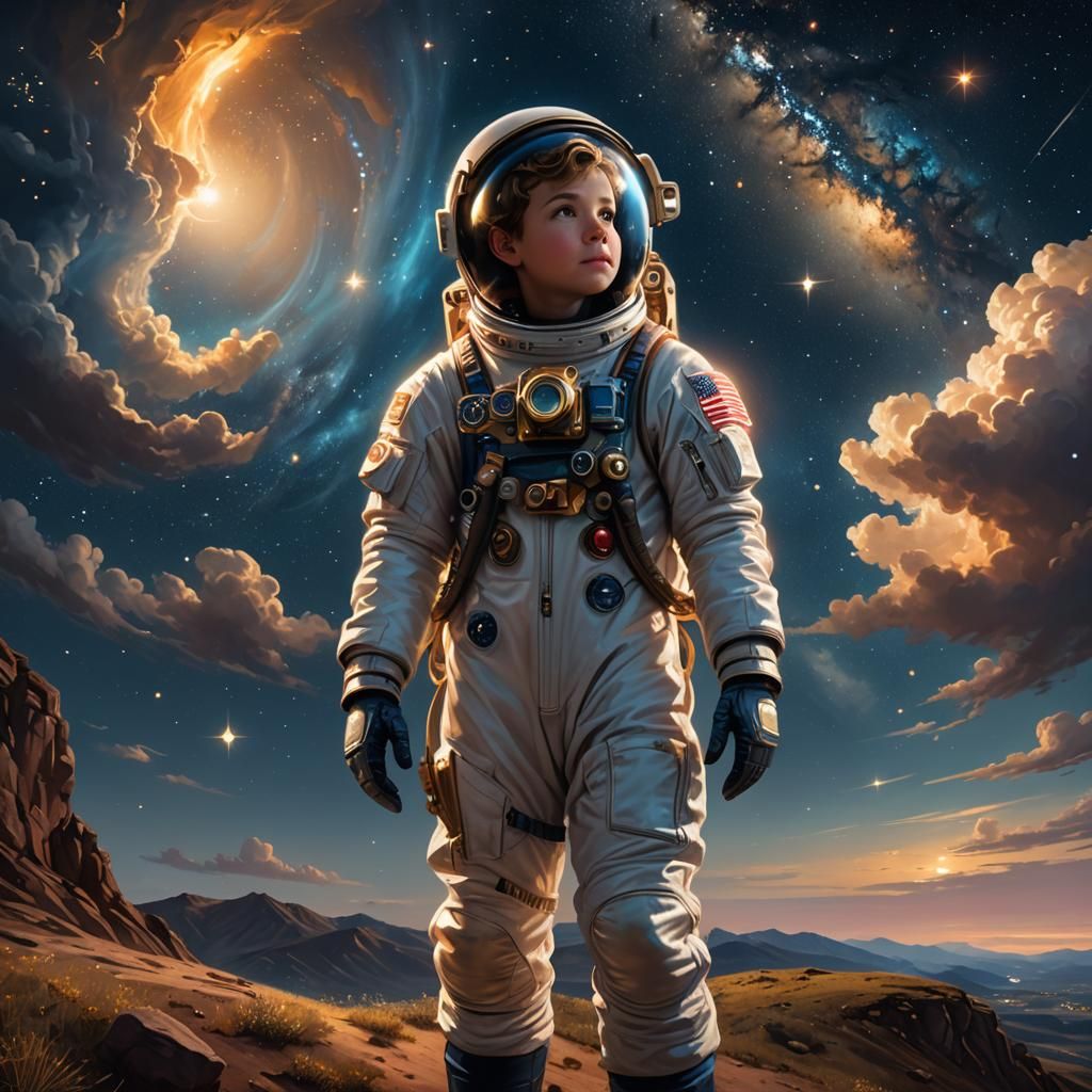 Astronaut Contemplates Starry Night Sky as Oil Painting