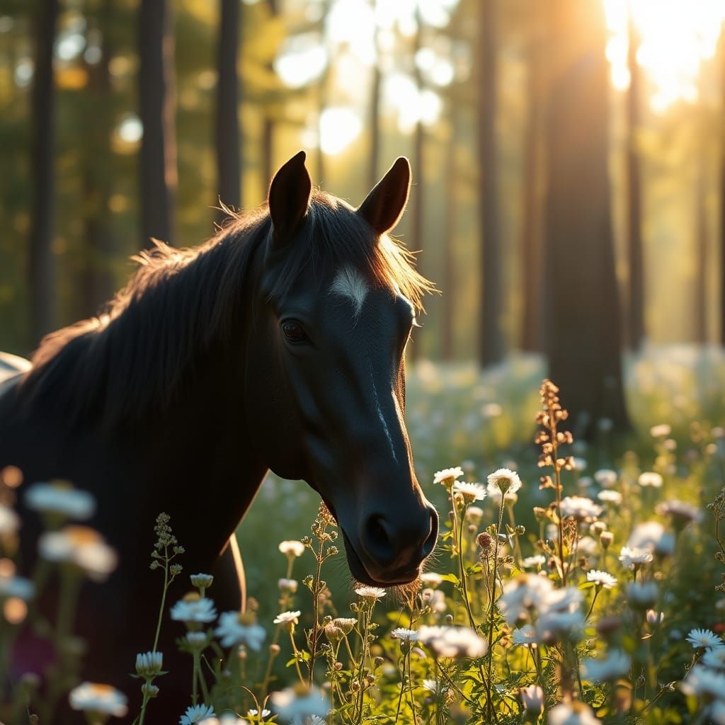 Black Horse Smelling Blue Flowers in Sunny Forest