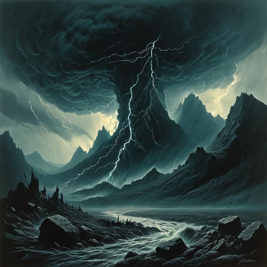 Tempest's Fury: Ominous Storm Over Foreboding Mountains