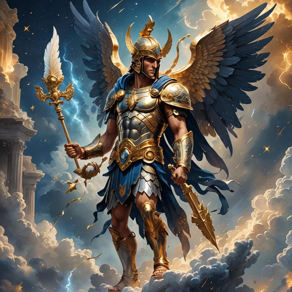 Mercury, Roman God, on Cloud in Digital Art