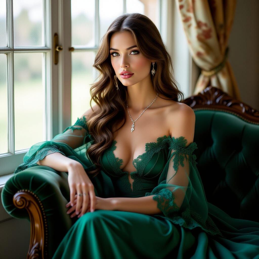 Elegant Woman in Green Gown, Sensual Portraiture