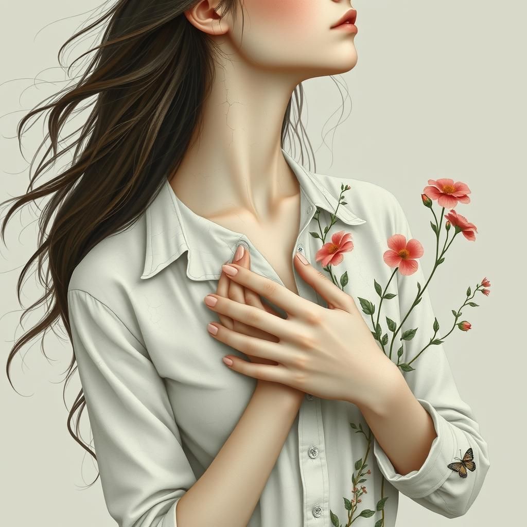 Porcelain Woman with Flowers: Dreamy Symbolic Illustration