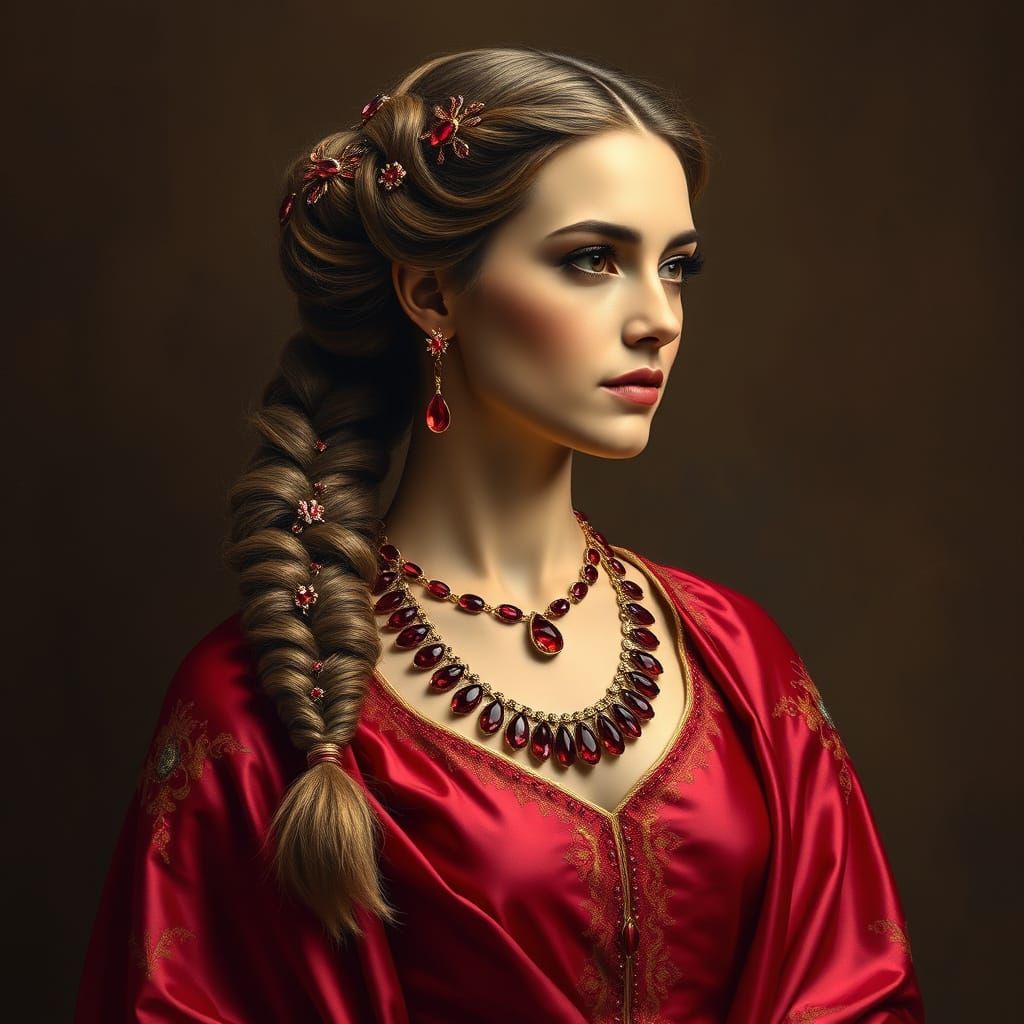 Elegant Woman in Lavish Rose Red Cape Dress with Ruby Jewelr...