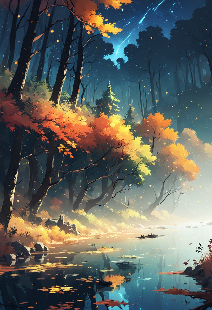 Luminous Autumn Forest River Under Starlight