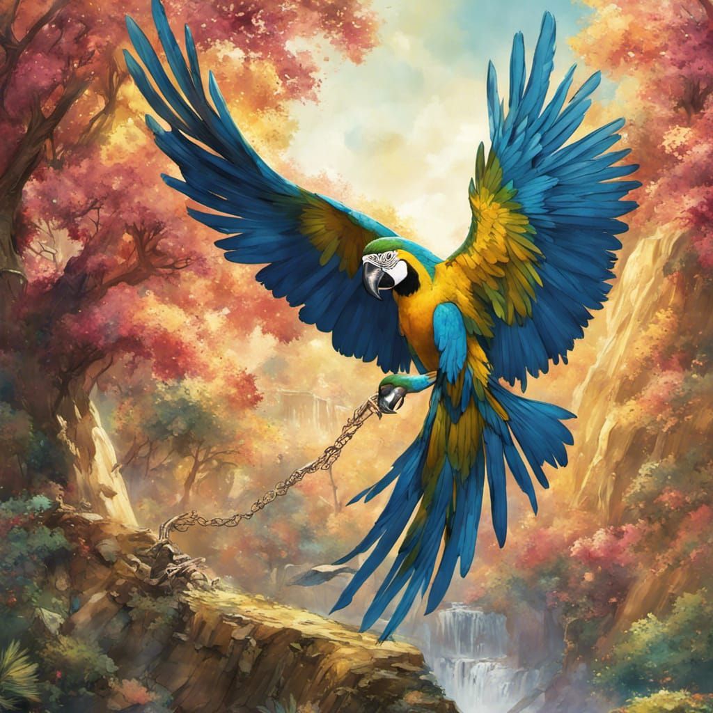 Glossy Macaw in Golden Vale Flies to Woman's Hand