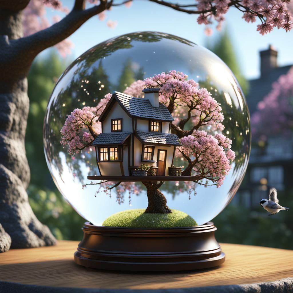 English Cottage in Crystal Ball, Hyper-Realistic
