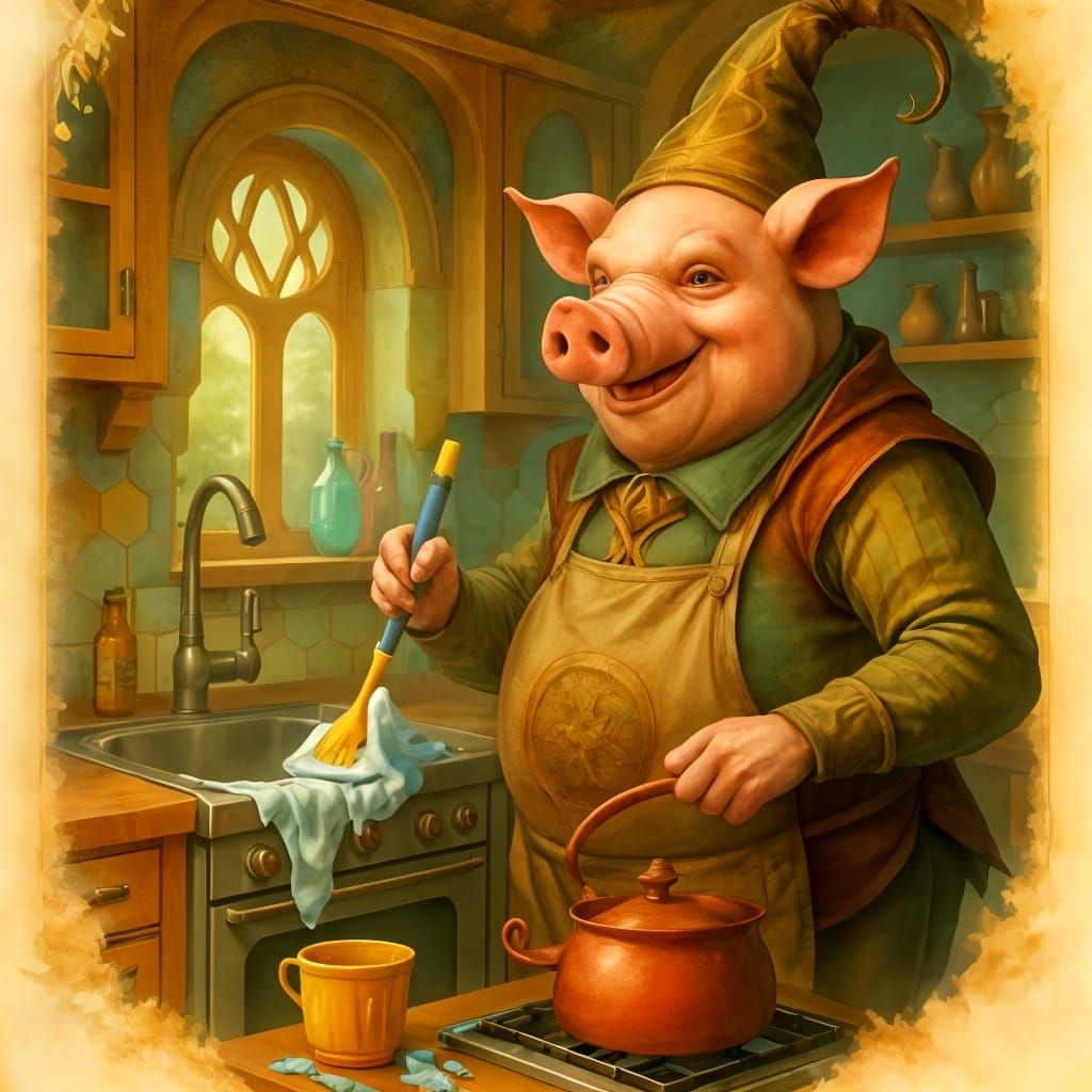 Enchanted Pig-Man's Self-Cleaning Kitchen in Sark Fantasy St...