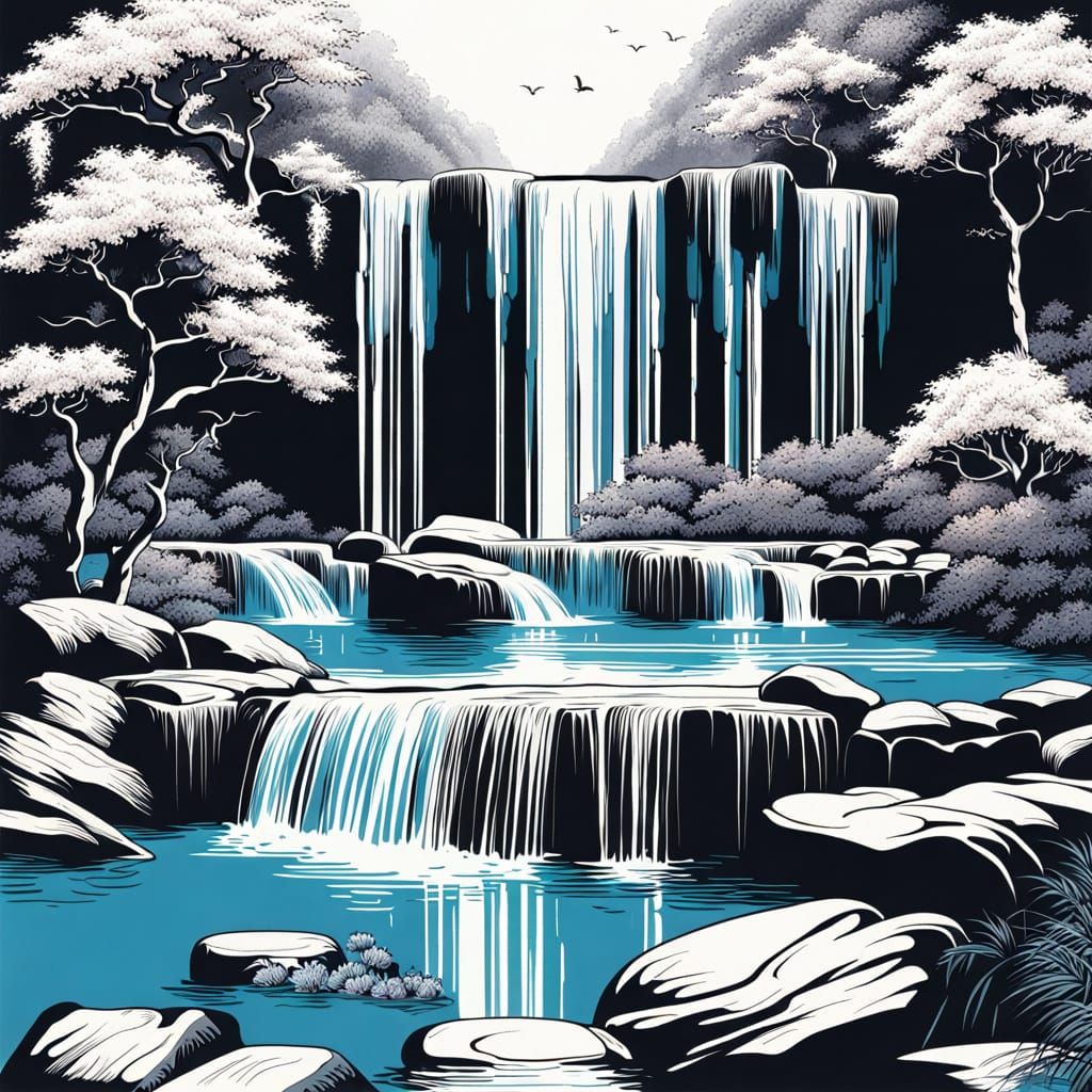 Blue Monochromatic Oriental Waterfall Scene