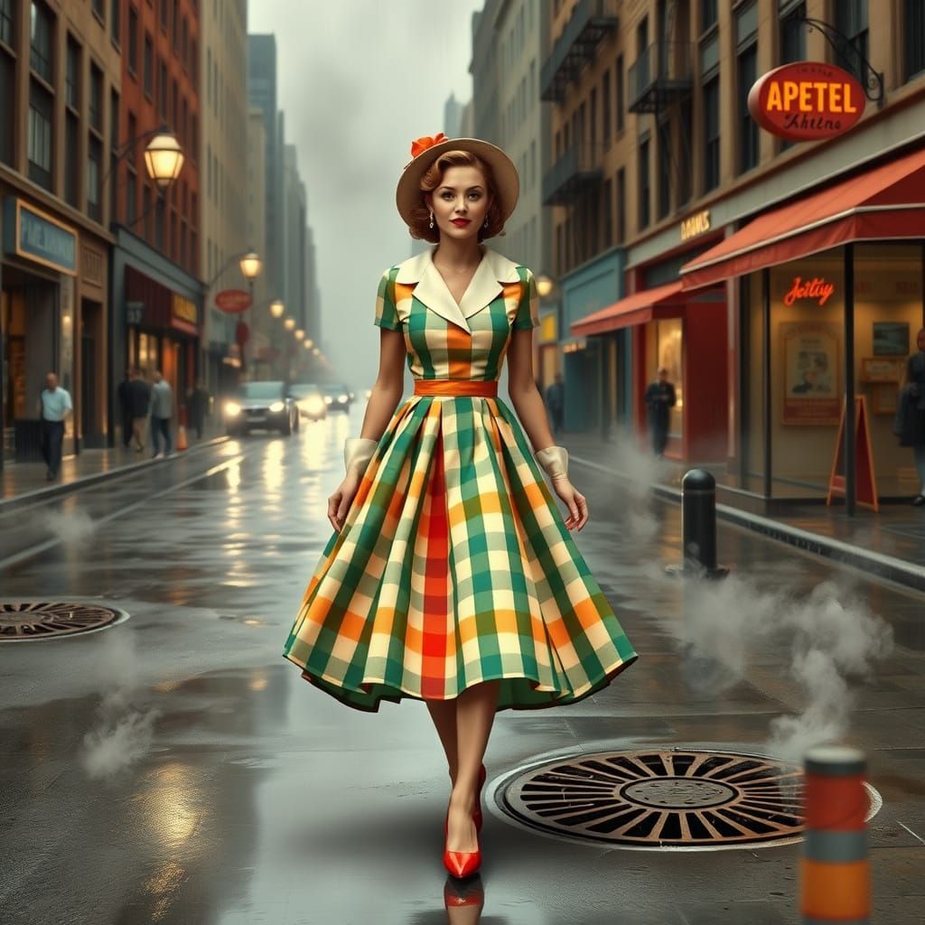 Woman in 1950s Gingham Dress Strolls Through Rainy City