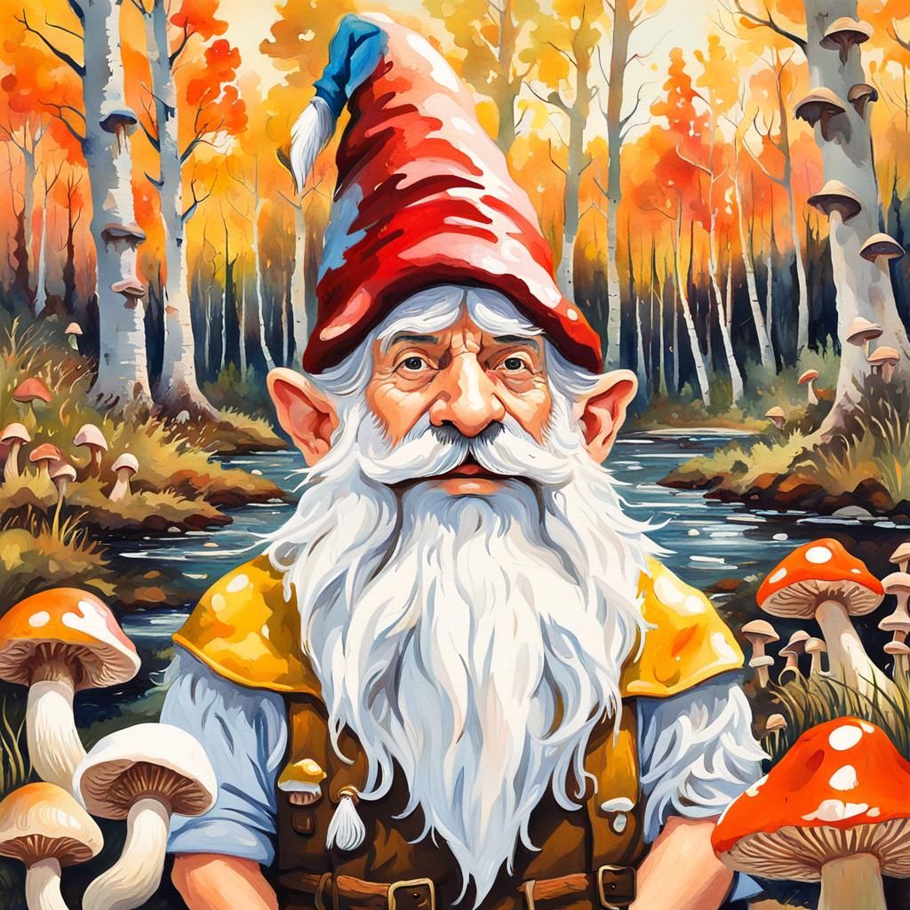Fairycore Gnome in Autumnal Forest, Gouache Style