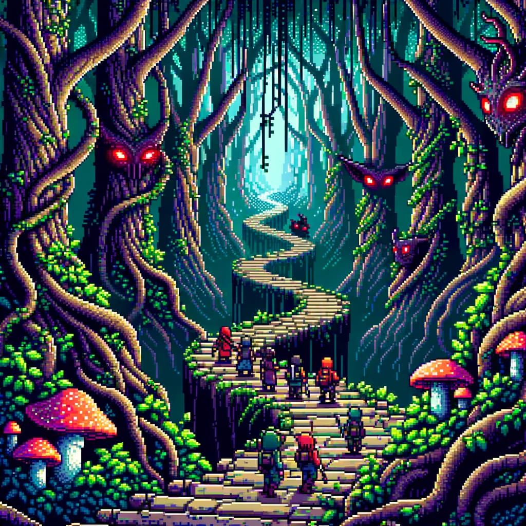 Enchanted Forest Path in 16-bit Pixel Art