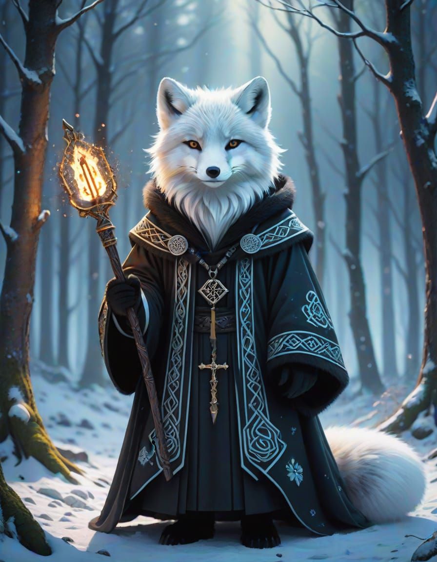Whimsical Anime Portrait of a Gothic Fox Mage in a Snowy For...
